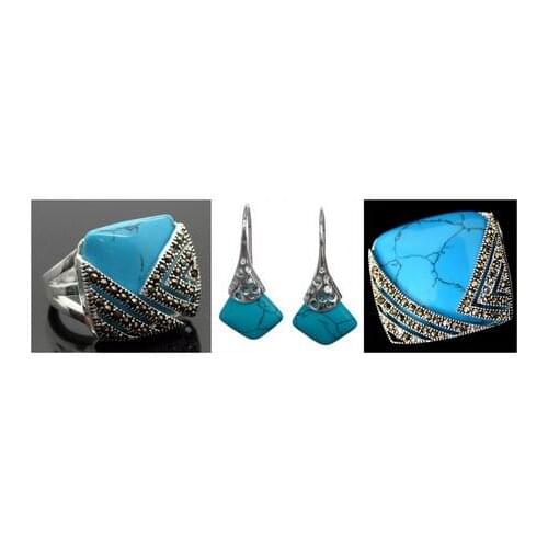 Vintage Blue Turquoise 925 Sterling Silver Marcasite Ring (#6-9) pendant and earrings sets