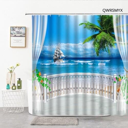 Ocean Scenery Outside The Windowsill Shower Curtain 3D Hooks Bathroom Curtains Living Room Bedroom Decor Wall Bathroom Products