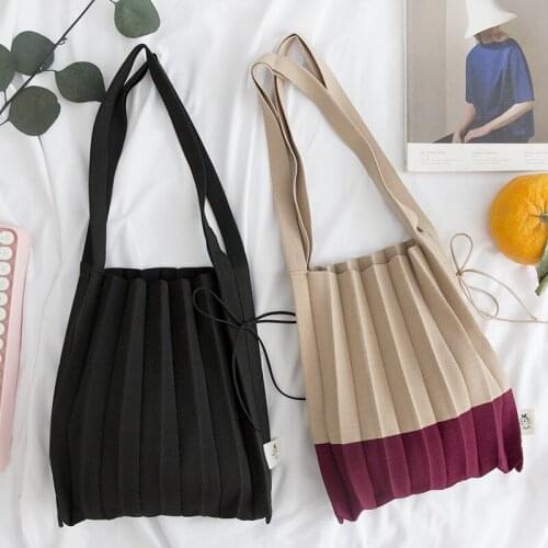 Contrast Color Stitching Knitted Single-shoulder Bag Women Fold Literary Sweet Shopping Bag Girls Totes Designer