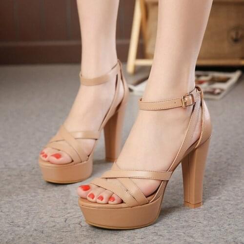 Korean version of the new summer fashion PU waterproof platform buckle sexy open toe sandals comfortable 12CM high heels