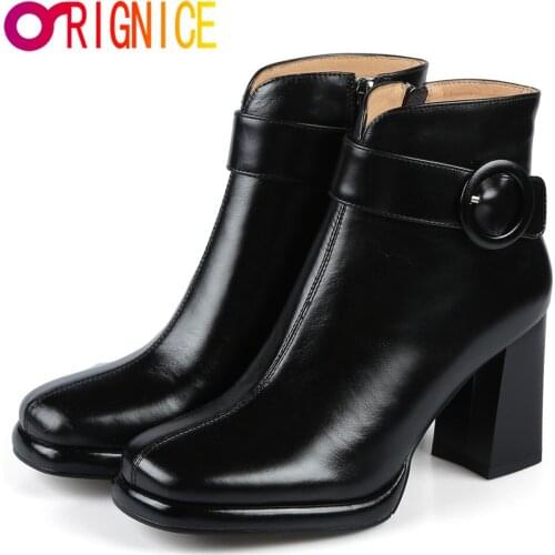 Orignice Fashion Buckle Square Toe Ankle Boots Women Platform Thick High Heel Basic Genuine Leather Autumn Dress Shoes Brown