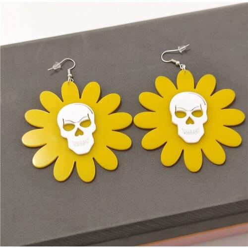 Sun Flower Skull Dangle Earrings for Women Yellow White Acrylic Jewelry Halloween Sunflower Punk Rock Hip-hop Accessories