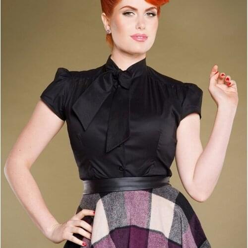 35- summer women vintage short sleeve estelle top in black plus size cotton blouse pinup shirts top high neckline with tie