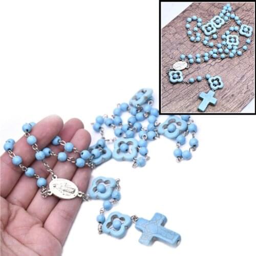 Religious Cross Pendant Necklace Praying Catholic Orthodox Rosary Blue Turquoises Jewelry For Unisex