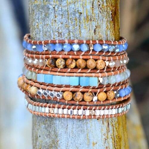 Bohemian Leather Bracelet Natural Mixed Stone 5 Strands Hand-Woven Bracelet For Vacation