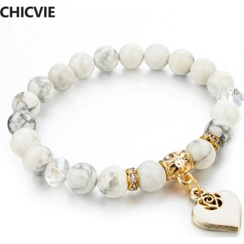 CHICVIE Heart Charm Bracelets Bangles White Natural Stone Bracelet For Women Pulseiras Boho Jewelry friendship Bangle SBR150344
