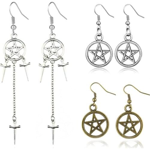 Pentagram Swords Earrings Silver Plated Huggie Hoops Dangle Witchy Jewelry Pagan Wiccan Tarot Gothic Emo Women Gift