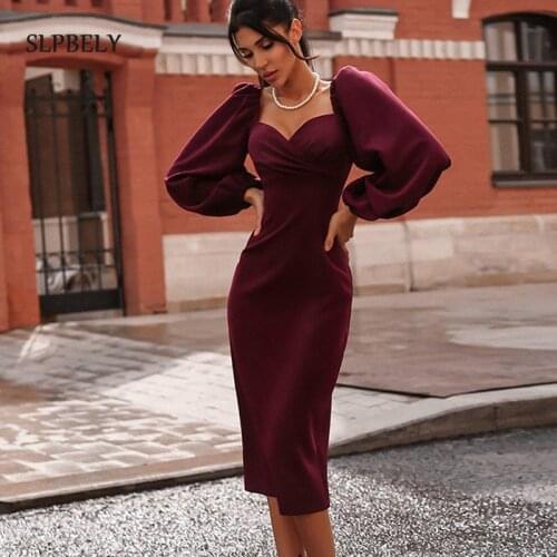 SLPBELY Elegant Vintage Party Dress Sexy Square Collar Long Puff Sleeve Solid Dress Casual Slim Night Pencil Dress Vestido New