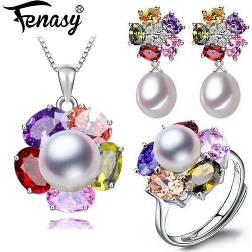 FENASY 925 Sterling Silver Jewelry Sets Bohemian Ruby Pendant Natural Pearl Drop Earrings For Women Party Rings