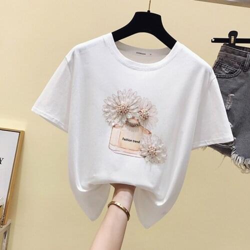 GGRIGHT Funny Beading Print Tee Shirts Female Summer Cotton Knitted T-Shirts Women Short Sleeve O-Neck Top Woman Harajuku