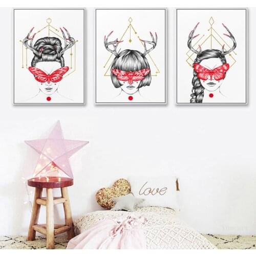 Red Butterfly Girl Face Oil Painting Art Prints and Poster on Canvas HD Wall Art Picture Living Room Decoration Girl Portrait