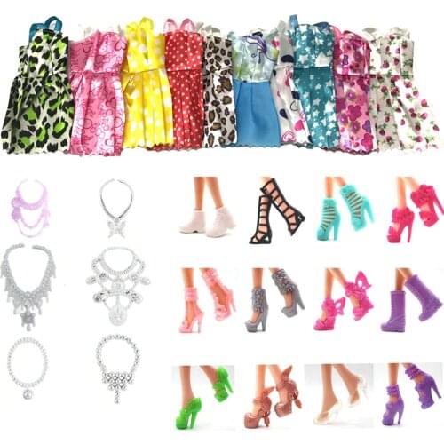 NK Hot Sell 28 Item/Set=10 Pcs Mix Sorts Party Clothes Fashion Dress+6 Plastic Necklac 12 Pair Shoes For Barbie Doll DZ