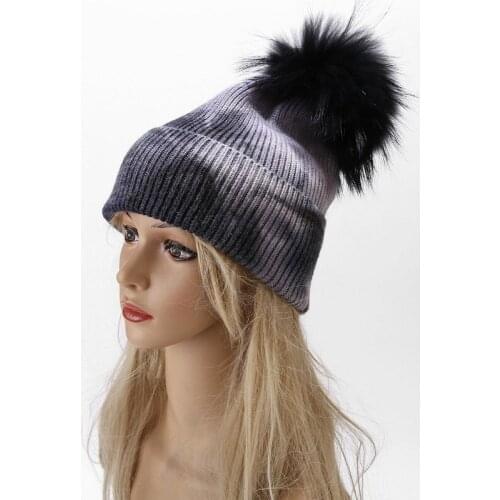 New Fashion Women Viscose Tie-Dyed Beanie Hats Raccoon With Fur Pompom For Ladies Knitted Outdoor Windproof Beanies Skullies