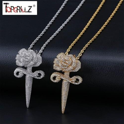 New Fashion Iced Out Flower Pendant Necklace With Tennis Chain Bling Hip Hop Gold Silver Color Mens/Women Charm Chain Jewelry