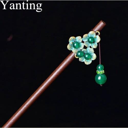Yanting Green Stone Hair Stick Vitnage Green Alloy Flower Head Jewelry Chinese Hair Ornaments Accessories Headdress 096