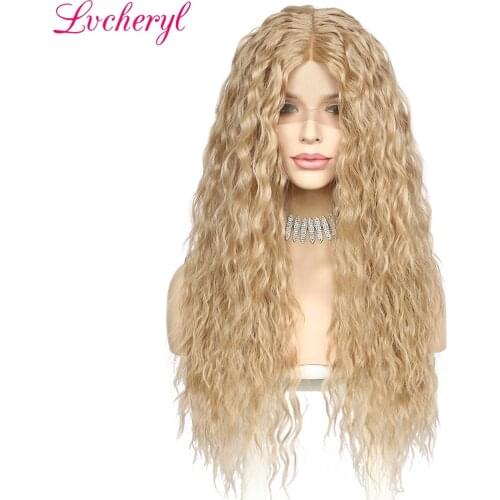 Lvcheryl 26" T-Part Blonde Long Kinky Curly Middle Part Synthetic Lace Front Wig for White Black Women High Temperature Fiber