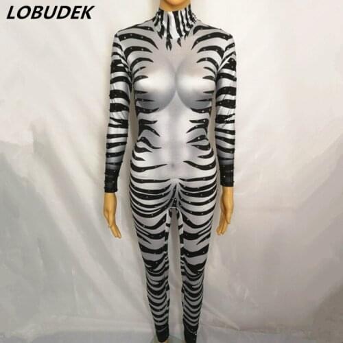 Zebra Stripe Printing Leotard Long Sleeve Crystals Skinny Jumpsuit Nightclub Bar DJ Dancer Pole Dancing Stage Wear Role Costume