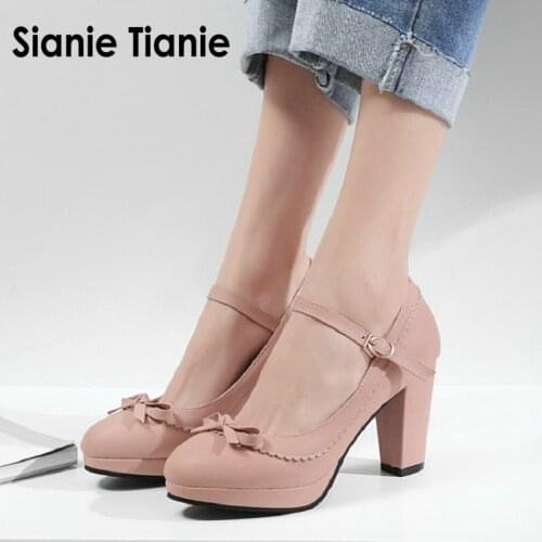 Sianie Tianie 2020 summer spring sweet ladies pumps white pink shoes block high heels woman mary janes shoes plus size 46 47 48
