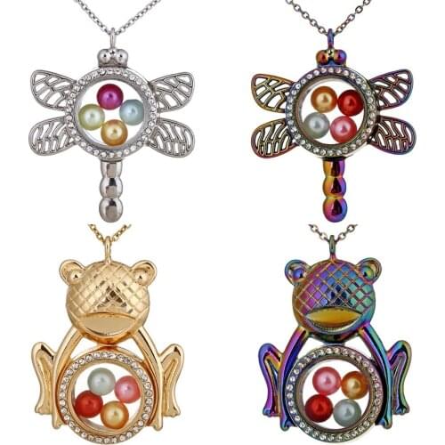 Rhinestone Dragonfly Frog Glass Living Memory Photo Floating Lockets Pendant Necklace Steel Chain Necklace