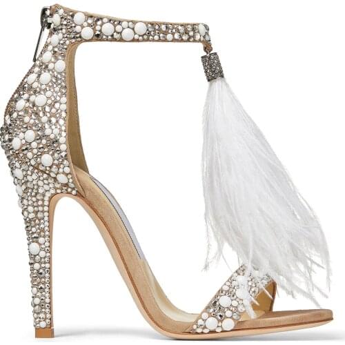 London Shoes Viola 110 White Suede And Hot Fix Crystal Embellished Sandals With An Ostrich Feather Tassel Wedding Party