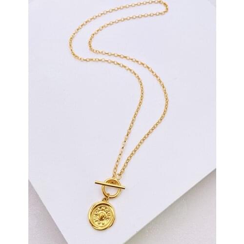 Unisex Punk style metal coin chain necklace gold plated brass shiny choker