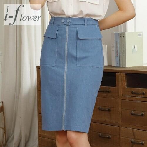 Sexy Mid Button Zipper Women Denim Skirt Elegant Cotton Female Knee Length Skirt High Waist Streetwear Ladies Bottom