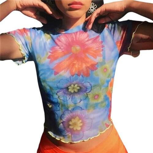 Xingqing Women T-shirt Y2K Blue Floral Printed Pattern Short Sleeve Round Collar Crop Tops Mesh Sheer Harajuku Tee Streetwear