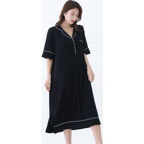 Women Spring Autumn and Winter Plus Size Loose Modal Nightdress Solid Color Home Wear Black Nightgown with Pocket Sleep Dress