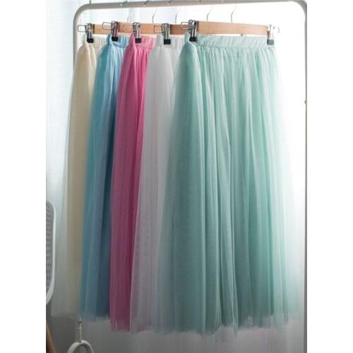 C5AF 80CM Womens High Waist Three Layer Sheer Mesh Pleated Tulle Midi Long Tutu Skirt Sweet Solid Candy Color Drape Swing Loose