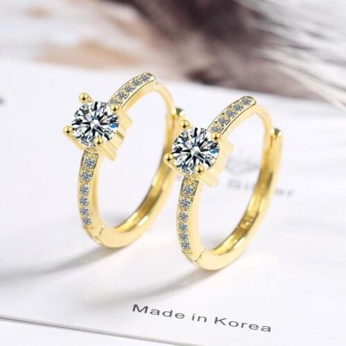 Trendy Luxury 925 Sterling Silver Earrings For Women Jewelry Shiny Zircon 16MM Gold Hoop Earring Lady Party Accessories KOFSAC