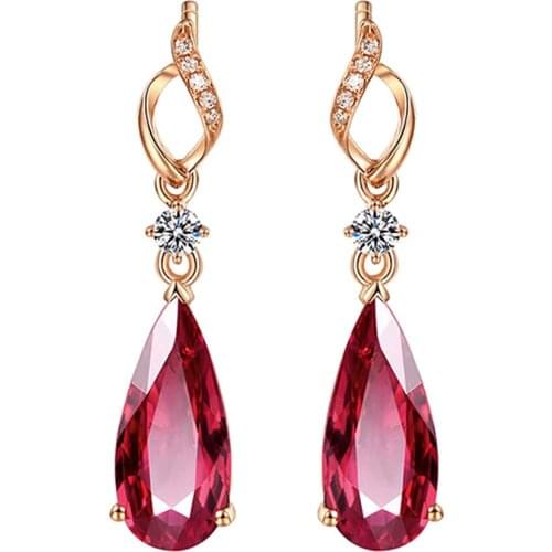 VINTAGE RUBY GEMSTONES DIAMOND DANGLE DROP EARRINGS FOR WOMEN RED CRYSTAL 18K ROSE GOLD COLOR JEWELRY LUXURY BAGUE BIJOUX GIFT