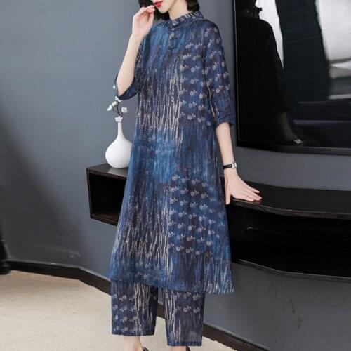 Big size womens Loose two-piece sets spring autumn new mid-length ethnic style silk dress + nine-point wide-leg pants suit s607