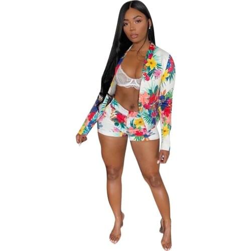 Casual Women Two Piece Set Print Floral Office Lady Jacket Coat + Short Pants Streetwear Summer Tracksuit Women Outfit
