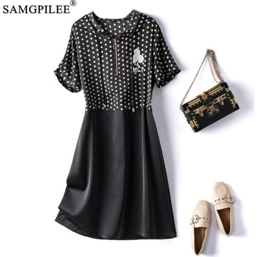 Summer Women Clothing 2021 New Office Lady A-line Dot Short Sleeve Patchwork Knee-length Empire Hooded Collar Woman Dresses 4XL