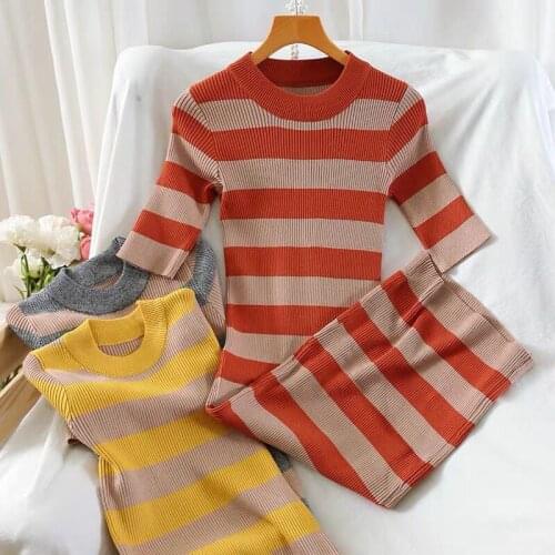 Women 2021 Summer Fashion New Sweater Dress Female O-Neck Short Sleeve Stripe Knit Sheath Midi Dresses Elegant Vestidos A786