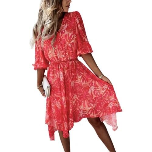 50% Hot Sales Dress Floral Print Belt Slim Summer Turn-down Collar Irregular Hem Midi Dress for Date