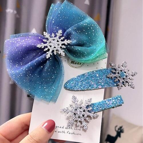 Princess Bows Children Starry Snowflake Bow Rubber Band Gum For Hair Sequined Hairpins Kids Dance Party Christmas Accessories