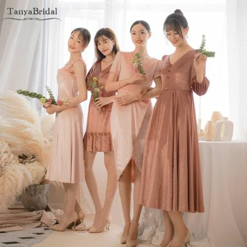 Velvet Tea Length Bridesmaid Dresses 4 Styles Lady Formal Party gown Wedding Guest Dress DB048