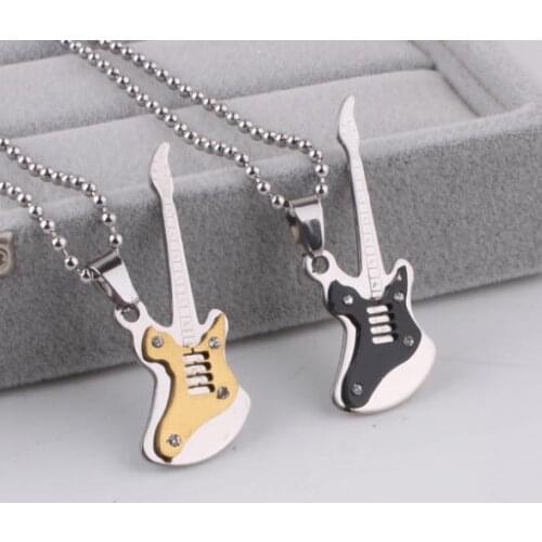 Black gold Stereo carving Guitar pendant necklaces bead chain men 316L Stainless Steel necklace wholesale