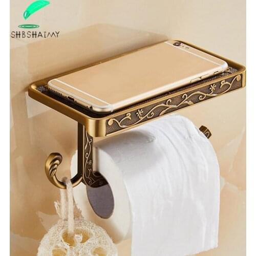 SHBSHAIMY Chinese Traditional Brass Toilet Paper Holder Bathroom Paper Mobile Phone Holder With Shelf Wall Mounted Paper Holder