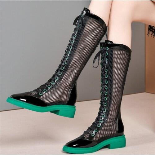 Fashion Sneakers Women Lace Up Bright Genuine Leather Military Thigh High Boots Female Summer Breathable Mesh Platform Oxfords