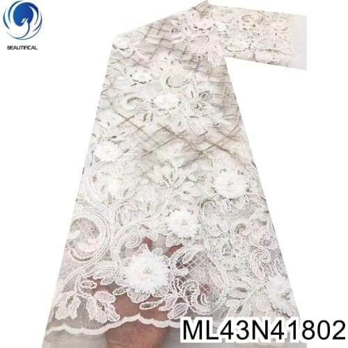 Hot sale 2021 3d french lace fabrics 3d flowers net lace with sequins for wedding 5yards white african lace fabric ML43N418