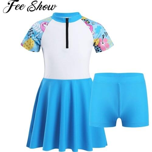 Summer Kids Girls Swimwear Swimming Dress Bathing Suit Stand Collar Short Sleeves Front Zipper Knee Length Dress with Shorts Set