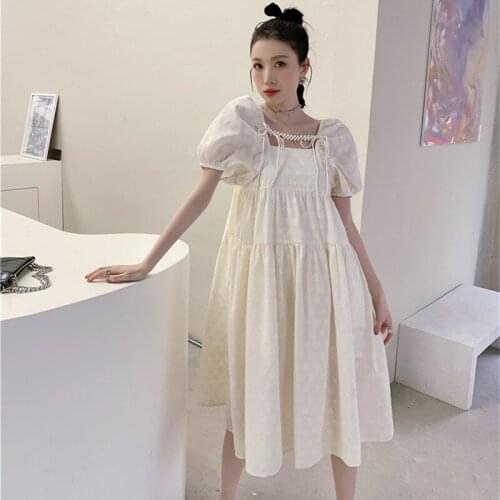 Western style sweet square neck puff sleeve fairy skirt 2021 summer new loose retro jacquard dress
