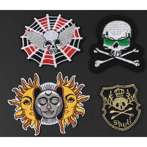 Fashion Punk The sun and the moon Embroidery spider web Skull Patches Iron T-Shirt Sew on Fabric Clothes Appliques