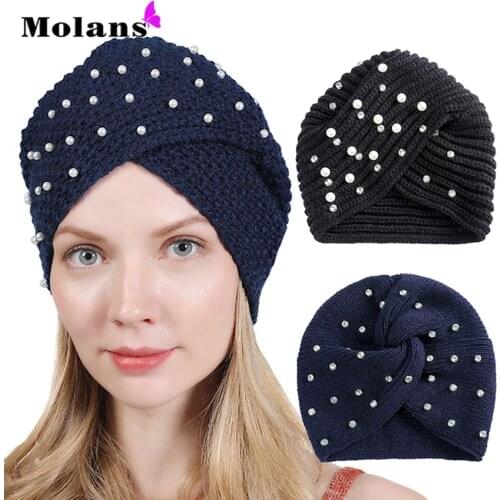 MOLANS Winter Knitted Cap Women Warm Elastic Crochet Muslim Hat Turban Chemo Cap Indian Hat 2020 New Headdress