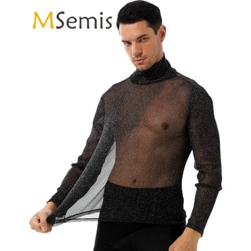 Mens Fashion Shiny See-through T-shirt High Neck Long Sleeve Transparent Tops Streetwear for Party Nightclub Music Concert