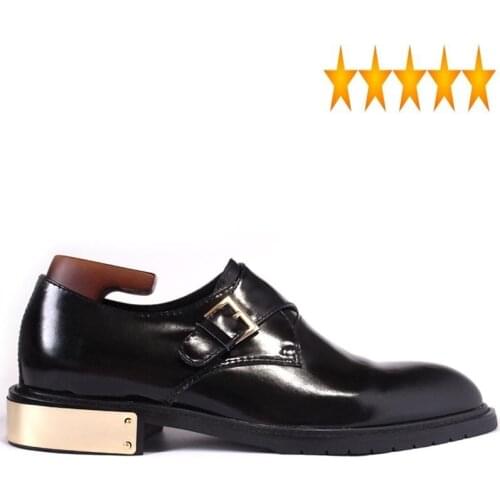 Designer Genuine Leather Dress Men Top Solid Black Metal Heel Buckle Strap Office Business Quality Wedding Shoes