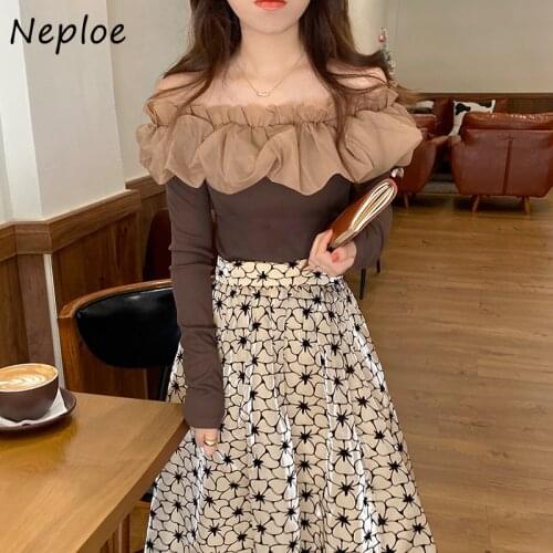 Neploe Elgant Fashion Chic Temperament Slash Neck Ruffle Spliced T-shirt Tops + High-waist A-line Skirt Women 2021 New Autumn