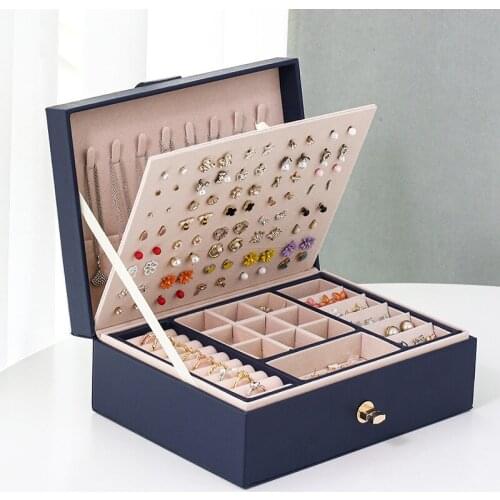 PU Leather Jewelry Organizer Box For Earrings Jewelry Storage Case Rings Necklaces Display Holder With Nice Lock Gifts For Women